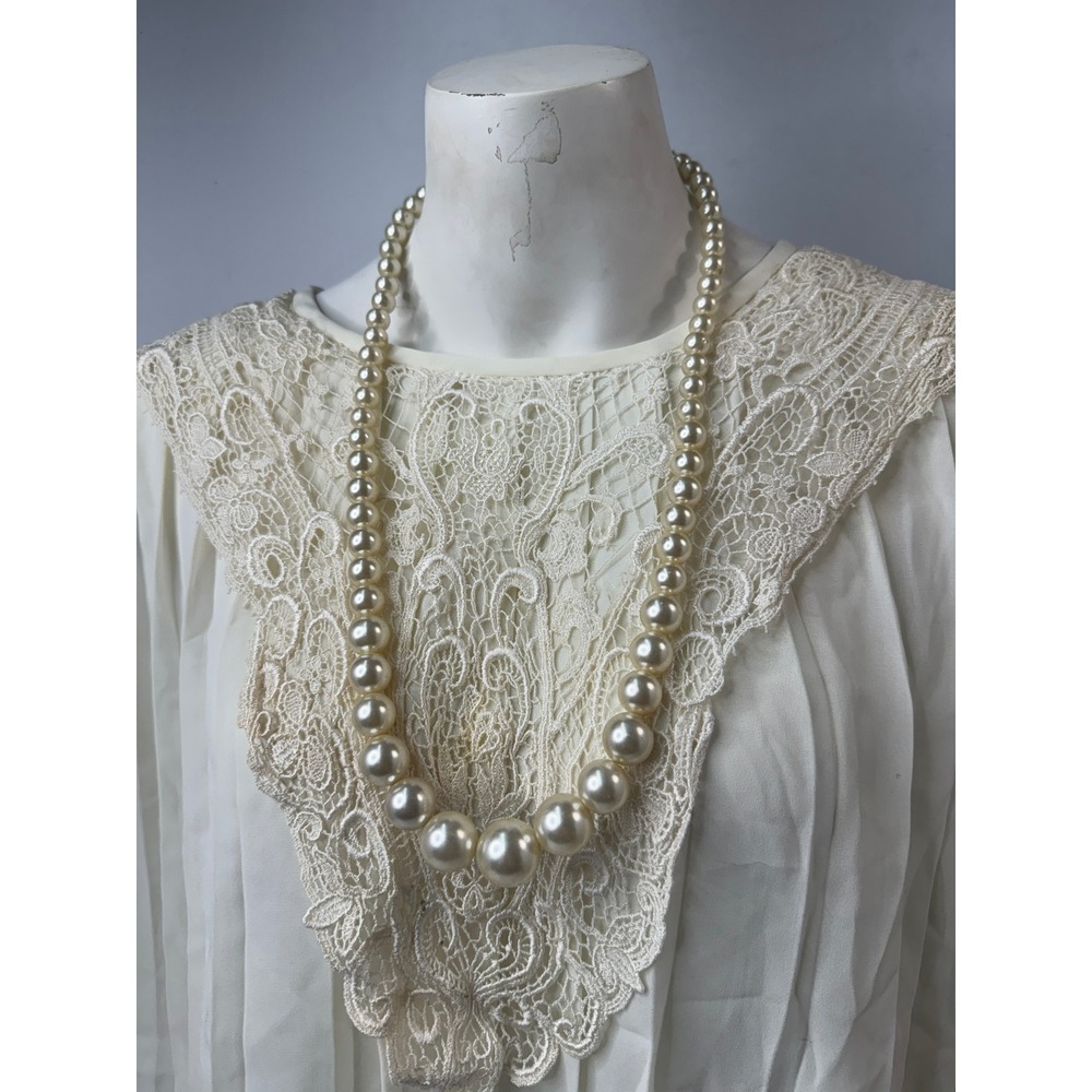 Vintage Cream Lace Bib Blouse and Graduated Faux Pearl Necklace Set